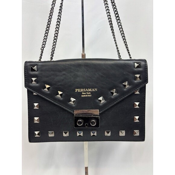 Persaman New York Roxy Shoulder Bag Black Leather Studded Silver Crossbody - Picture 1 of 16